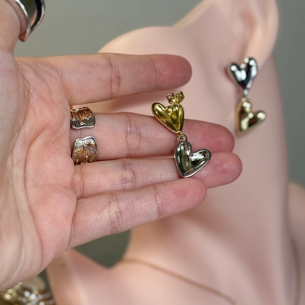 Minimalist Design Gold and Silver Heart Earrings - Picture 9 of 9